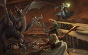 A group of players fighting the King Black Dragon as depicted in art.