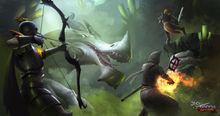 A piece of artwork depicting a group of players fighting the Great Olm.