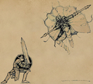 A depiction of Arrav locked in battle with Zemouregal from The Legend of Arrav.