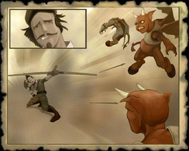 A portrait of Robin Hood defeating a horde of demons, painted by one of his merry men.[1]