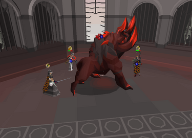 A group of players battle against Sotetseg, a dark beast corrupted through Haemalchemy and experiments in the Shadow Realm.