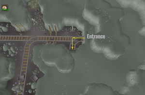 An image showing the location of the cave entrance you need to use after entering the Haunted Mine.