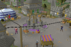 Spooky decoration adorns Varrock Square during the 2022 Halloween event