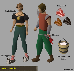 Concept art of the cow bell amulet, mooleta, bottomless milk bucket, and rump steaks, by Mod Skylark.