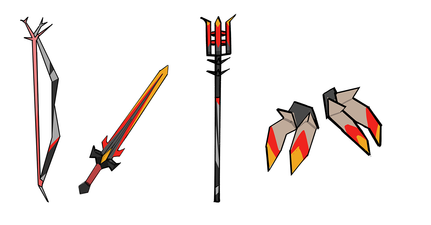 Concept arts for the weapons created from items dropped by tormented demons, by Mod Grub.