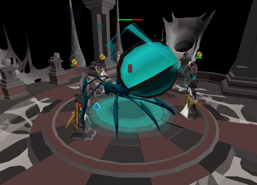 A group of players fighting the Nylocas Vasilias, a result of Verzik Vitur's diverse breeding program.