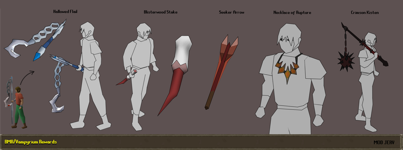 Concept art of the blisterwood stake (alongside other equipment rewards), by Mod Jerv.