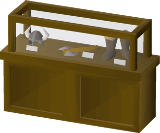 Arrav's battle axe, as displayed in the Outpost museum, next to Wally's helm and Randas' boots.