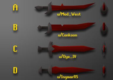 Proposal of overall designs for the sword. Option C was chosen via Mod West's Twitter.