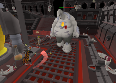 A group of players fighting The Butcher's crazed creation, the Pestilent Bloat.