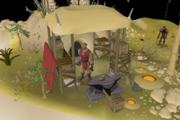 A hill giant named Kovac stands outside the entrance to the Giants' Foundry.