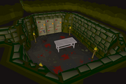 A room in the dungeon area containing some bookshelves and an operating table.