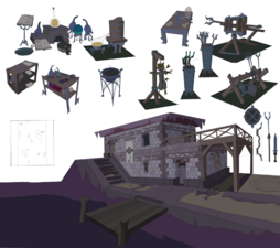 Concept art of a building and various objects, by Mod Grub.