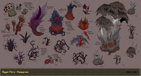 Concept art of big flora found in Vampyrium, by Mod Jerv. Notably, it includes various unused flora.