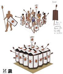 Concept art of a scrapped NPC by Mod Grub, made up of a group of people who can transform into the testudo formation.