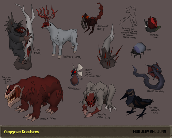 Concept art of various fauna found in Vampyrium, by Mod Jerv. Notably, it includes various unused creatures.