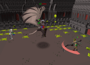 A group of players fighting Xarpus, the last of the Yarasa race and its king.