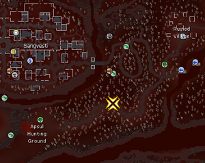 Part of the map of Vampyrium, showing where the Aranei scout being attacked by Sanguidae is, approximately halfway between the hunting grounds and the Ruined Village, directly south of the first agility shortcut between Sangvesti and the Ruined Village