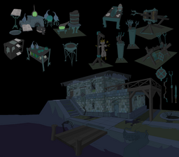 Concept art of the Shadow Realm version of the buildings and objects in the Lassar Undercity.