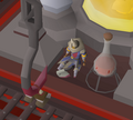 The mage defeated by the Pestilent Bloat, his feet now hangs from a hook in the ceiling.