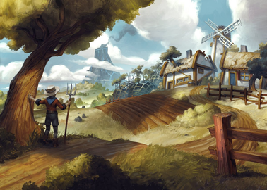 A piece of official artwork depicting the Kebos Lowlands. The Farming Guild can be seen in the centre of the artwork, with Mount Karuulm looming behind the landscape.