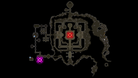 A map of the Sisterhood Sanctuary; the purple marker displays where the player arrives in the Sanctuary, while the red marker displays The Nightmare's location.