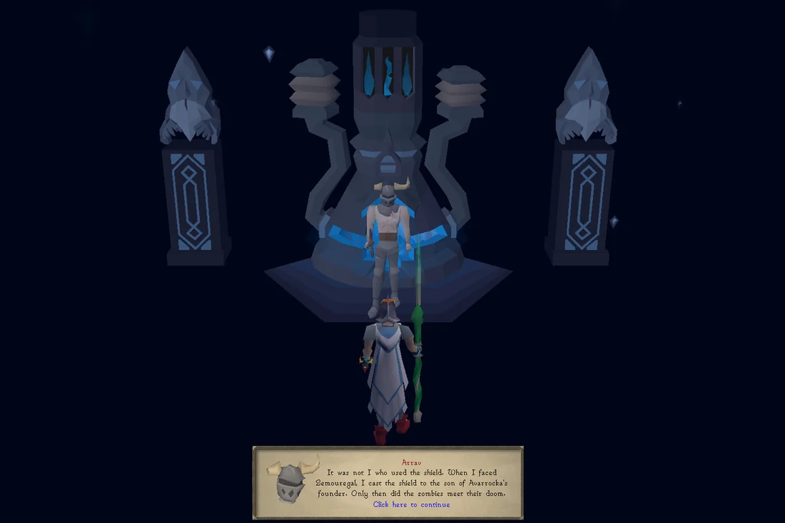 The player speaks to Arrav in the Dream Theatre, free from Zemouregal's control.