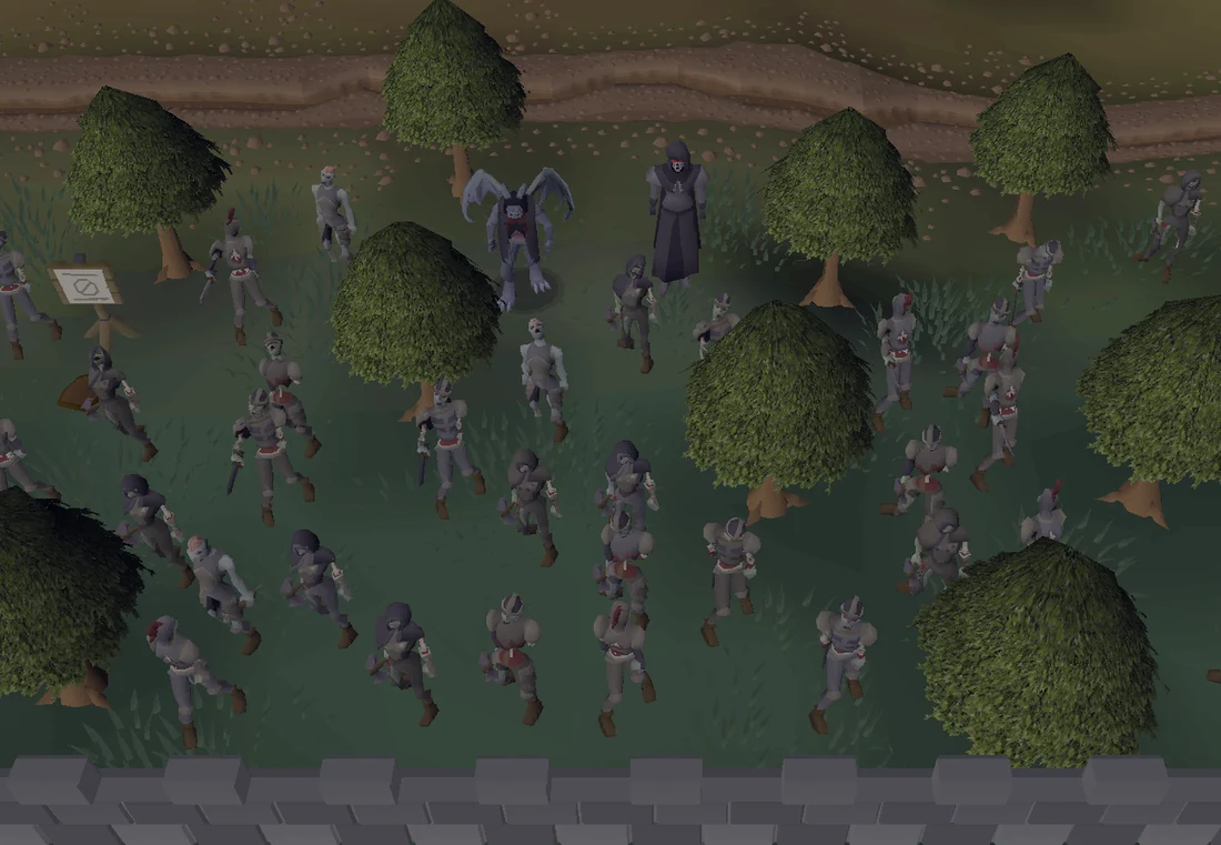 Zemouregal at the northern wall of Varrock, with an army of zombies in tow.