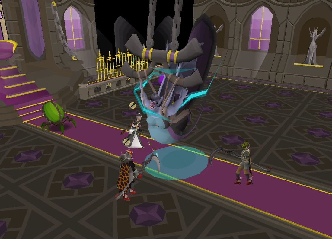 A group of players fighting Verzik Vitur, a powerful vampyre noble.