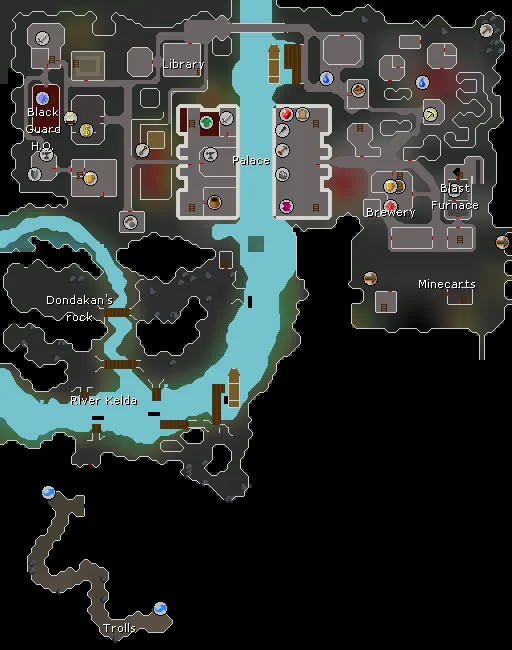 The dwarven boatman and ferryman are south of the River Kelda at the docks. Dondakan can be reached via the ferryman and going north.