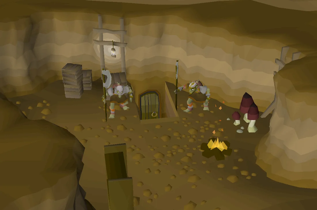 The entrance to the Goblin Temple, guarded by two goblins.