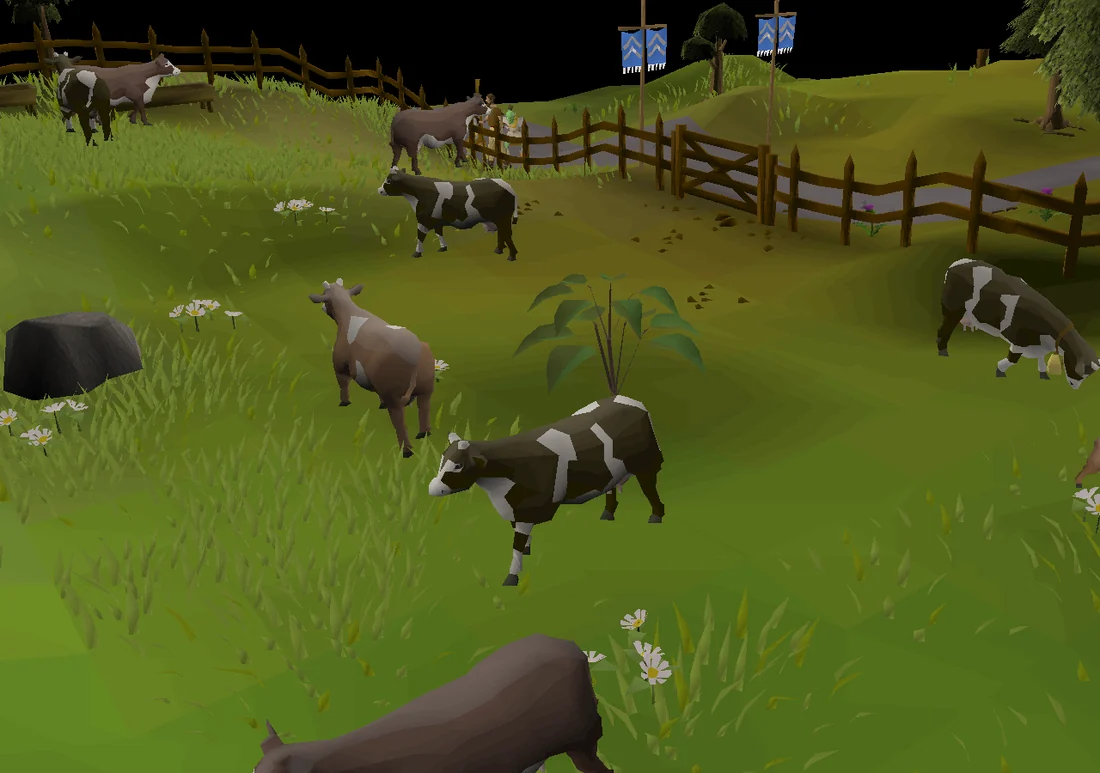 The eastern Lumbridge cow field across River Lum, where Gillie Groats explains milking. Optional alternative; the shortest route uses the western field.