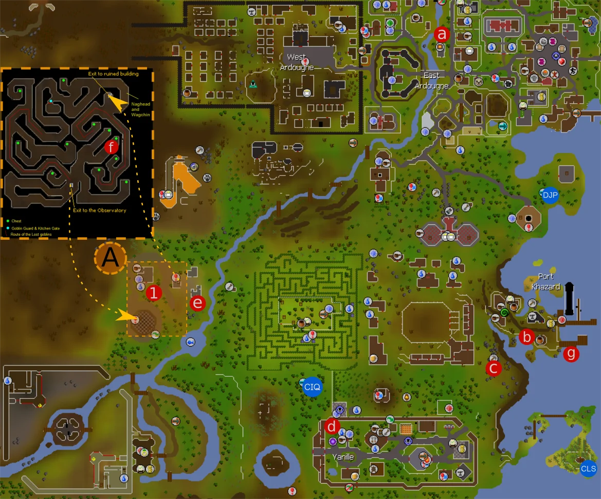 Map of the Observatory Quest area. (1): Observatory; (a): furnace (for molten glass and bronze bar); (b): planks; (c): copper and tin mines; (d): sandpit; (e): superantipoison(1); (f): antipoison(1) chest; (g): Trader Crewmember (sells Soda ash and Bucket of Sand, both 5 coins each); (A): quest area.