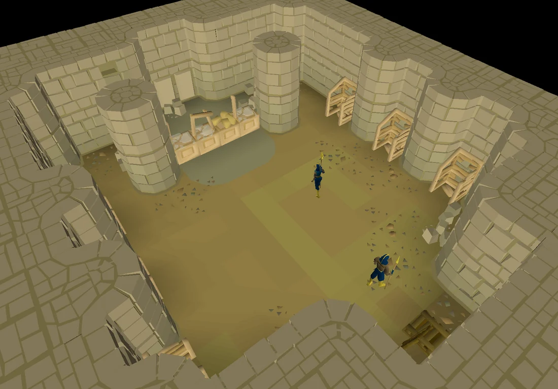 The destroyed bank beneath the temple.