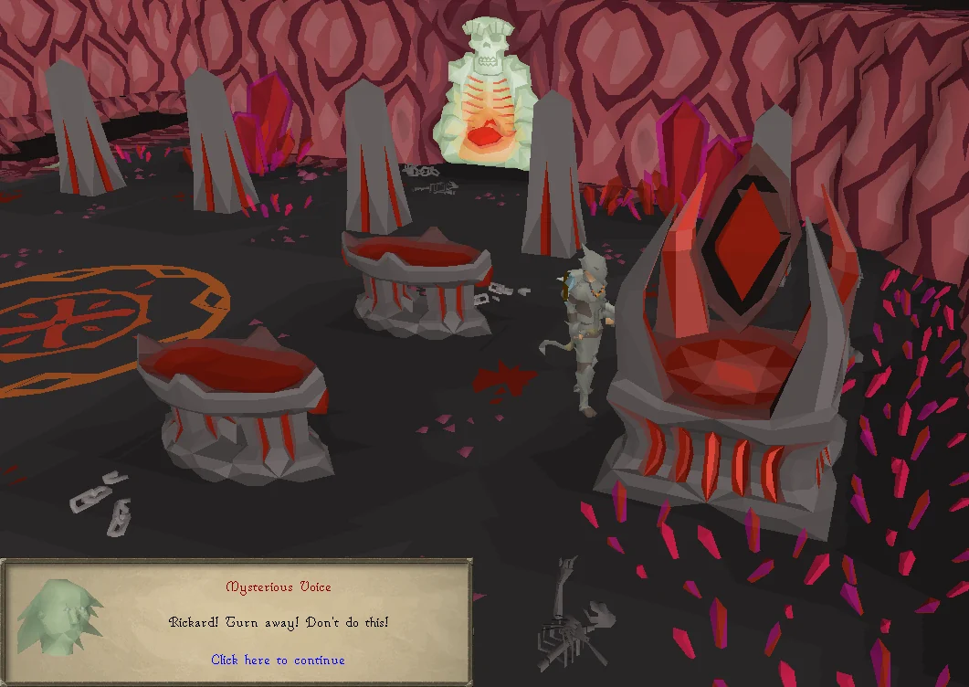 A player inspects the unstable altar, and hears a mysterious voice.