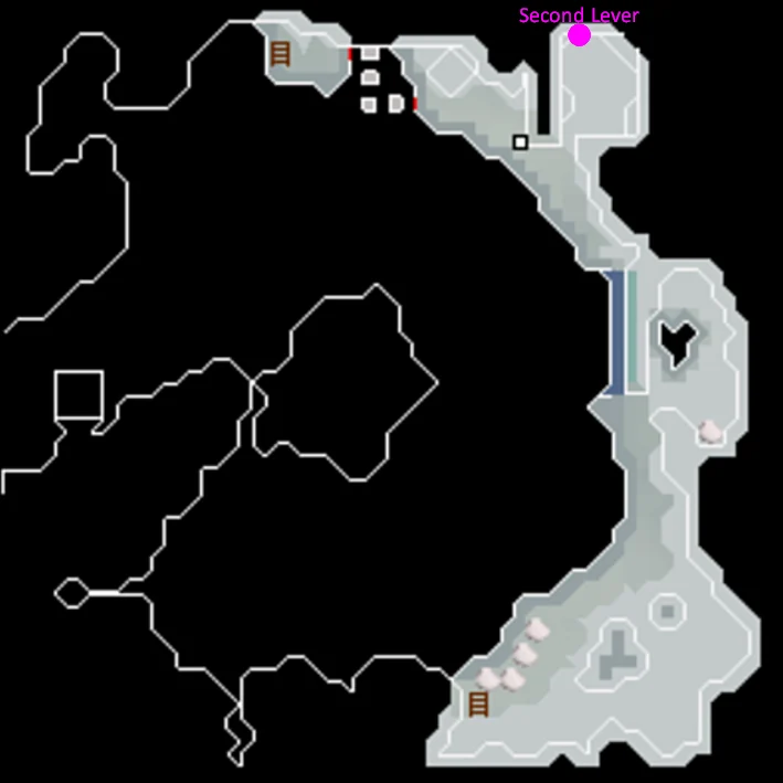 The location of the second lever, within the north-eastern room between the sliding wall and the platform jumps.