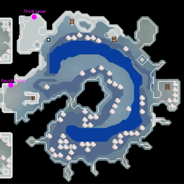 The location of the third and fourth levers. The third lever is in the last north-western room. The fourth lever is directly north of the ancient gate, in close proximity to the braziers.