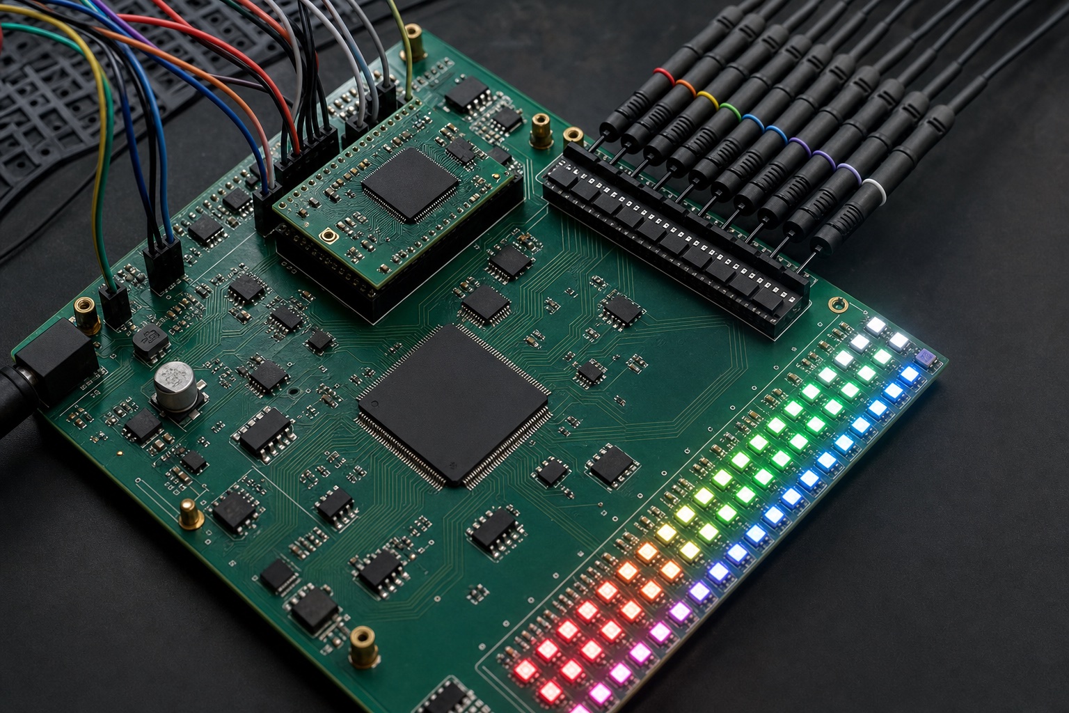 Close-up of an RGB LED driver board with logic probes and LEDs at stepped brightness levels
