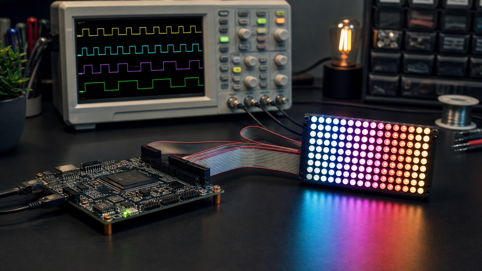 FPGA development board driving an RGB LED matrix beside an oscilloscope showing PWM waveforms